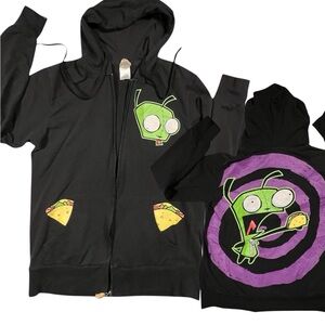 Y2K Invader Zim Gir Mighty Fine Black Hoodie zip Tacos Pockets read